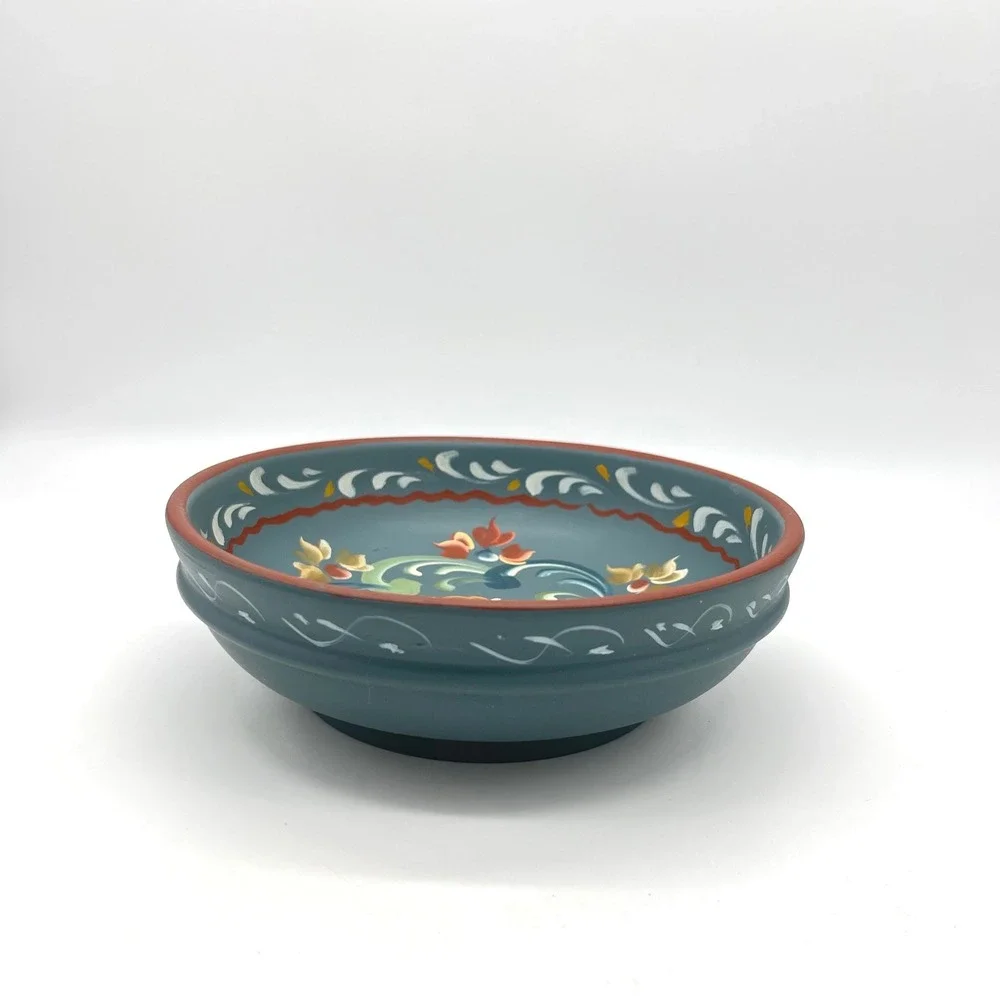 Vintage Rosemaling Hand Painted Wooden Bowl Teal Blue Scandinavian‎ Folk Art 8in